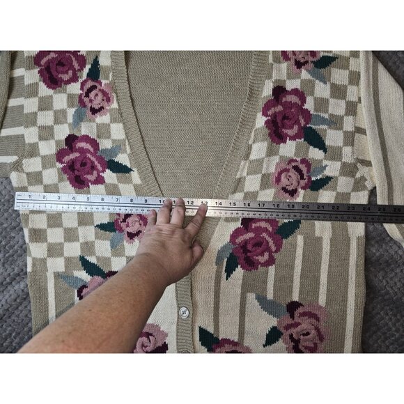 Grandma Chic 👵 Vtg‎ 90s Rose Themed Sweater Cardigan Checker Stripe 14/16 - Picture 5 of 7